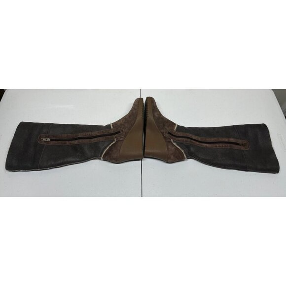 Ugg Womens 9 Tall Boots Wedge Brown Leather Shearling Fold Over 5451 Sandra - Picture 6 of 15